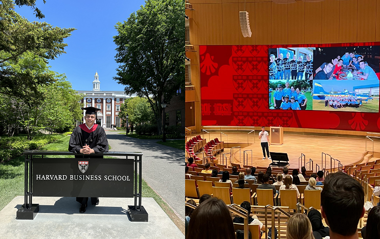 Left: Henrique Lacerda graduation photo. Right: Henrique as a speaker for National Coming out Day at Harvard Business School.